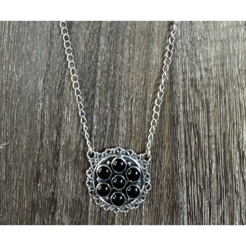 Native Southwest Style Sterling Silver Black Onyx Cluster Pendant Necklace 20”